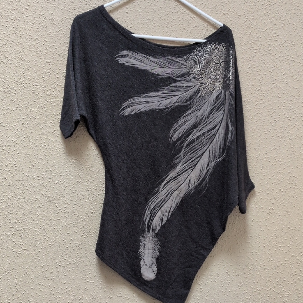 Rainbow Gray Feather Print Asymmetrical Top